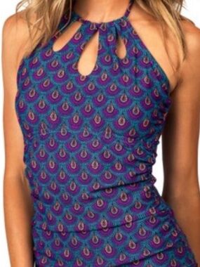 Leilani Halter Tankini Swim Top Purple Boho Fan Print Women’s 14
